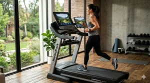 An illustration of a runner using an app connected treadmill to jog through a virtual scenic mountain trail.