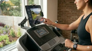 Fitness tracker metrics displayed on a tablet screen secured via a universal treadmill dashboard bracket.