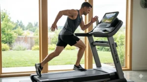 An athlete running at high speed on a NordicTrack folding treadmill featuring a wide commercial-grade belt.