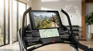 Digital rendering of the iFIT interface on a NordicTrack Incline Trainer screen featuring a scenic hiking trail.