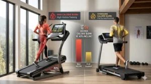 A comparison chart showing higher calorie burn rates on a NordicTrack Incline Trainer versus a standard treadmill.
