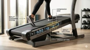 Detailed illustration of the Reflex Deck cushioning system on a NordicTrack treadmill for joint protection.
