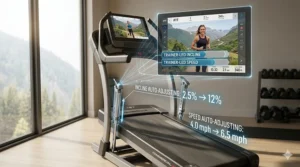 Illustration of the trainer automatically adjusting speed and incline during a trainer-led iFIT workout session.