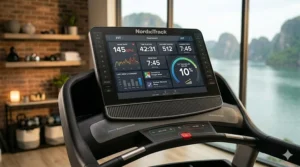 A 22-inch smart HD touchscreen console on a top-rated NordicTrack treadmill displaying real-time workout stats.