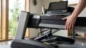 A close-up of the EasyLift Assist hydraulic system on a NordicTrack folding treadmill for effortless storage.