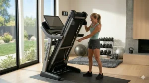 Space-saving design of a NordicTrack treadmill with iFit folded up using EasyLift Assist technology.