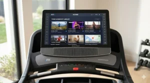 Close-up of the NordicTrack treadmill console showing the iFit interface with various workout library options.