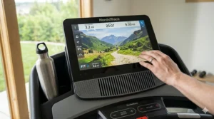The HD smart touchscreen console of a NordicTrack treadmill displaying an interactive iFIT global workout.