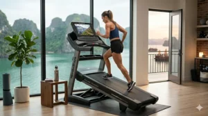 Close-up of a NordicTrack incline trainer adjusting to a 40 percent grade for intense uphill hiking.