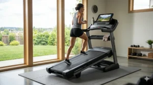 A NordicTrack folding treadmill positioned at a steep incline to simulate hill climbing during a cardio workout.