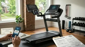 Illustration of the customer support process for filing a NordicTrack treadmill warranty claim.