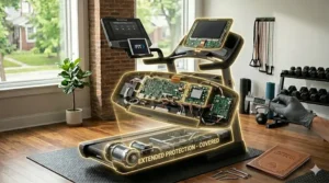 Step-by-step illustration showing how to register a NordicTrack treadmill warranty online for active coverage.