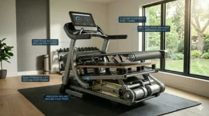 Graphic illustrating the robust steel frame and automatic incline decline mechanism of a premium home commercial treadmill.