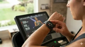 A runner checking their smart fitness watch while tracking data synchronized with a treadmill streaming video workout.
