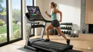 An athlete following a high-intensity interval training (HIIT) class on a NordicTrack treadmill with iFit.