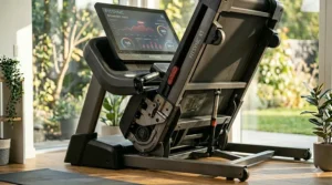 A detailed 4K photorealistic illustration close-up focusing on the central folding hinge assembly and base mechanism of the smart treadmill, showing intricate gears, bolts, and pistons with natural light.