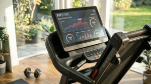 A detailed 4K photorealistic illustration close-up focusing on the smart treadmill screen console, which is displaying biometric data graphs and stats synced from a wearable device, with sweat on the console surface.