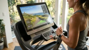 A detailed photorealistic illustration close-up of the smart treadmill touchscreen console displaying virtual run metrics and controls, with natural light.