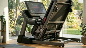 A high-detail 4K photorealistic illustration with a focal point on the complex mechanical core of the folded smart treadmill, specifically the gear drive and pivot system, catching natural sunlight.
