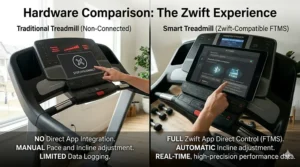 Comparison graphic showcasing a smart Zwift compatible treadmill versus a traditional non-connected treadmill.