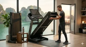 A folded NordicTrack treadmill using SpaceSaver design with EasyLift Assist for compact home gym storage.