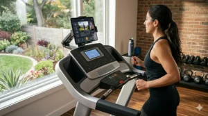 Close-up view of a smart motorized treadmill console highlighting a secure device shelf holding an iPad device.
