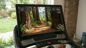 A treadmill screen displaying a first-person perspective scenic trail run through a forest during an interactive workout session.