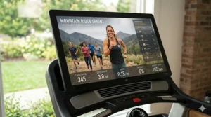 Close-up of a treadmill touchscreen monitor showing an interactive live studio fitness class with leaderboard tracking.