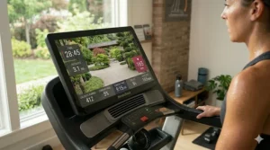 A user interface dashboard on a smart treadmill screen displaying real-time calories burned, incline level, and streaming class duration.