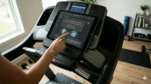 Motorized smart treadmill deck adjusting incline automatically based on virtual app terrain.