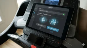 Smart treadmill console screen showing active Bluetooth FTMS connection protocol icon.