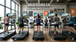 Group of virtual avatars participating in an online community run using a Zwift compatible treadmill.
