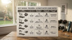 A feature comparison matrix from a buyer's guide helping users choose the best manual treadmill for their budget.