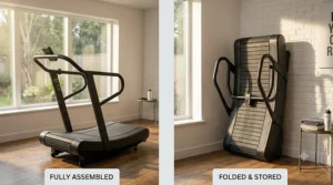 A compact and folding manual treadmill stored vertically against a wall to save space in a small room.