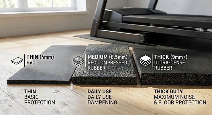 A motorized treadmill placed on a thick black protective rubber floor mat in a modern home gym setup to prevent floor scratches. treadmill mat thickness