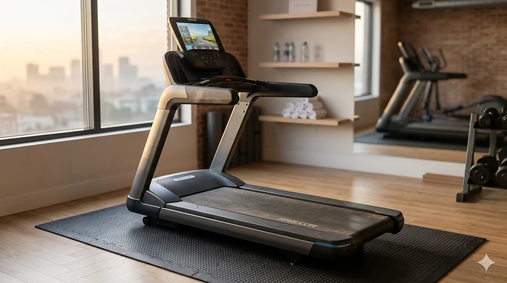 Refurbished Life Fitness commercial treadmill displayed on a clean floor showing the console and running belt. used commercial treadmill