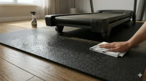 A person wiping down a waterproof black rubber gym mat beneath a treadmill with a microfiber