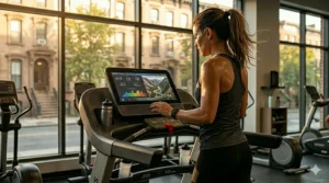 An illustration of a high-tech console interface on a heavy duty commercial treadmill displaying workout metrics and virtual running trails.