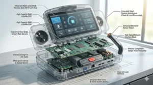 A graphic representation of a modern touchscreen console interface showing virtual workout courses and fitness tracking apps found on top commercial treadmill brands.