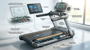 A technical diagram comparing the alternating current AC motors used by leading commercial treadmill brands versus standard home treadmill direct current DC motors.