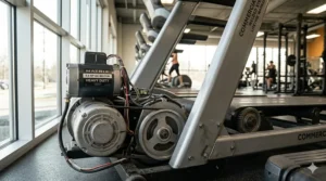 Powerful continuous duty motor showing internal components covered by a comprehensive commercial treadmill warranty.