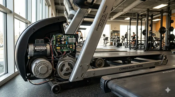 Row of modern gym fitness equipment highlighting commercial treadmill warranty coverage and protection plans.