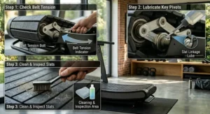 An instructional graphic showing key maintenance areas on a non-motorized curved manual treadmill.