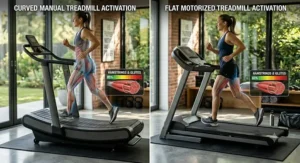 A graphic chart illustrating higher hamstring and glute activation when using a curved manual treadmill.