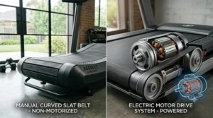 Visual breakdown of a curved belt on a manual treadmill versus a traditional flat belt on an electric treadmill.
