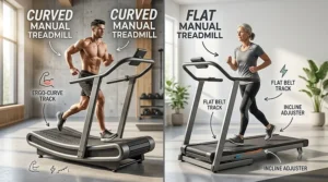 A side-by-side comparison diagram illustrating the design differences between a flat and a curved manual treadmill.