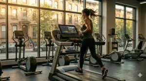 An educational graphic demonstrating the energy saving and power efficiency features of a heavy duty commercial treadmill.