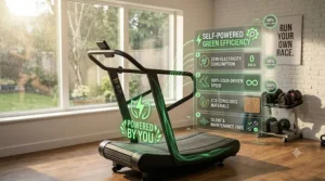 An illustration highlighting the eco-friendly benefits of a self-powered, non-motorized manual treadmill.