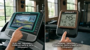 Illustration comparing a high-tech electric treadmill screen with workout programs to a minimalist manual treadmill display.