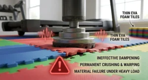 Lightweight interlocking EVA foam tiles compression testing under heavy gym machinery weight, illustrating why material matters alongside thickness.